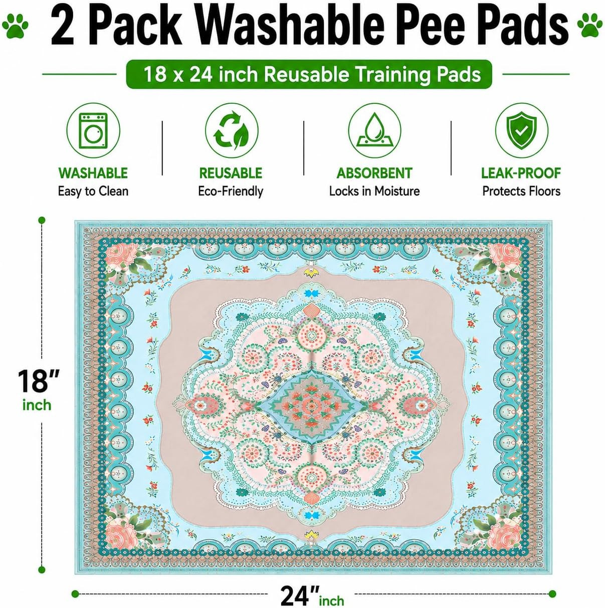 Washable Pee Pads for Dogs, 18″X24″, 2 Pack Reusable Puppy Training Pads |