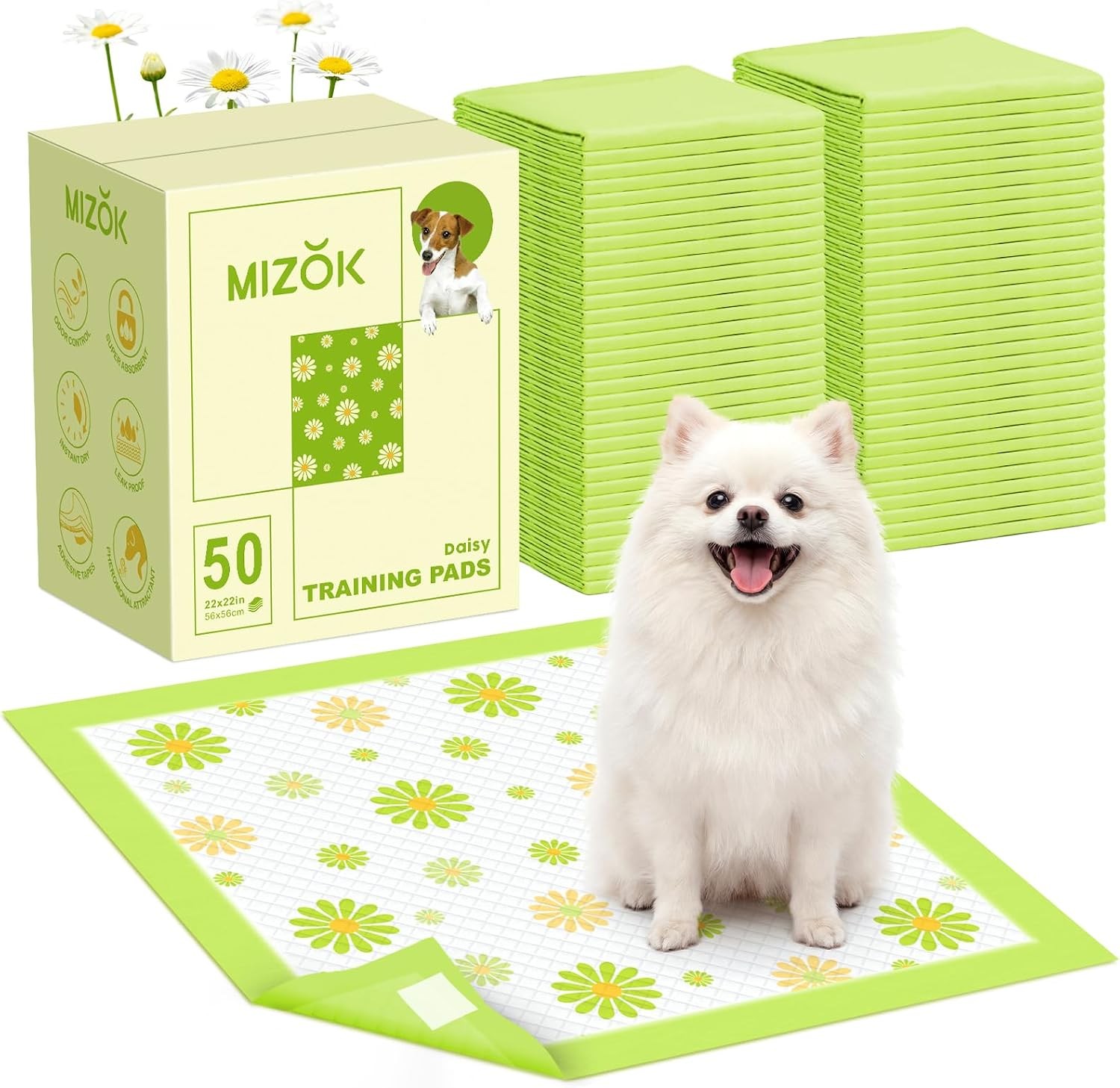 MIZOK 22″x22″ 6-Layer Puppy Pads, Daisy, 30 Ct, Super Absorbent