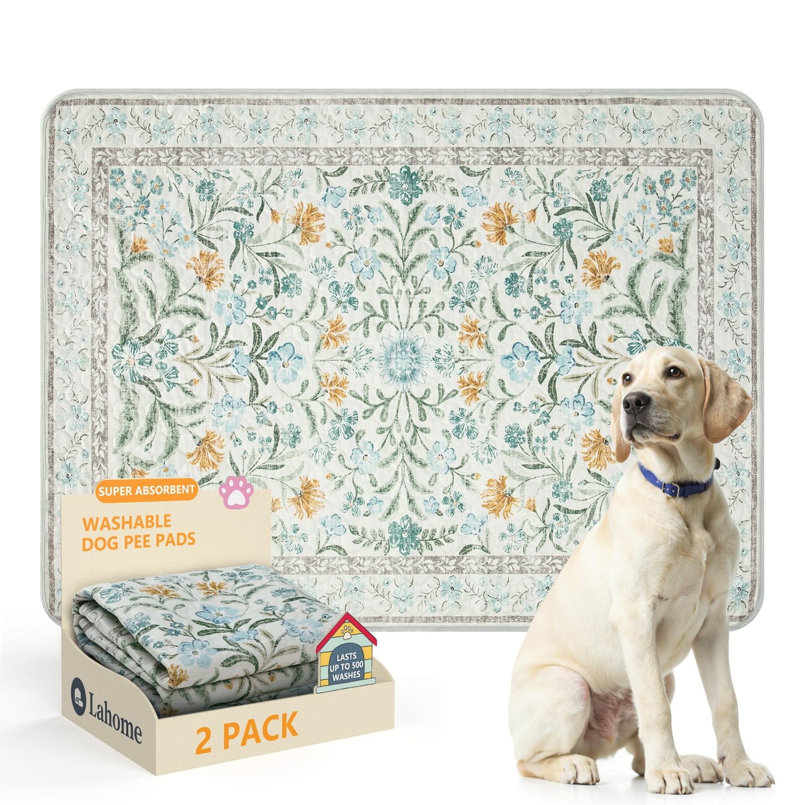 Washable Reusable Pee Pads for Dogs – Beige Botanical Floral 2 Pack Puppy Pad…
