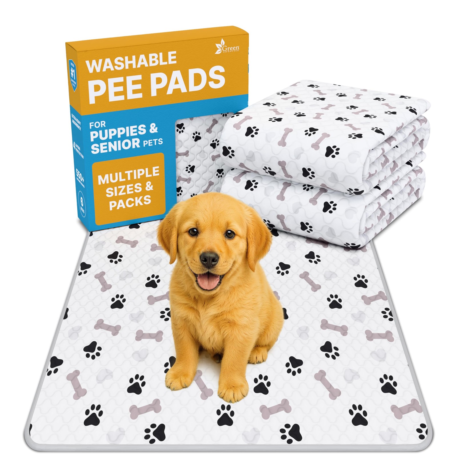 GREEN LIFESTYLE Washable Pee Pads for Dogs – Waterproof Reusable Puppy Pads w…