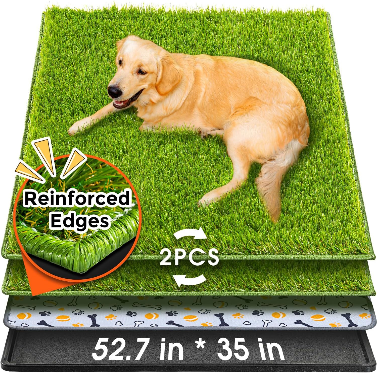Dog Grass Pad with Tray Large, 52.7″X35″, 2 Reusable Artificial Turf for Dogs Po