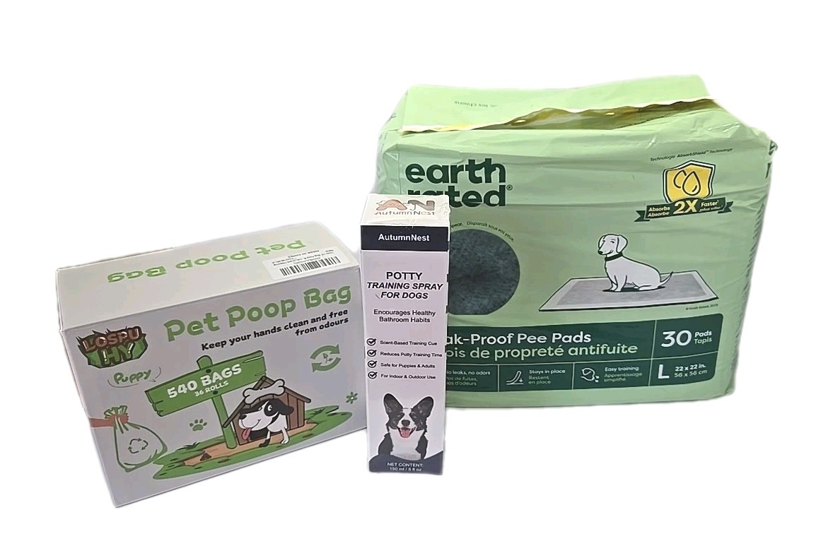 Puppy Starter Kit – 30 Pack Puppy Pads – L, 540 Pack Poop Bags, Potty Spray