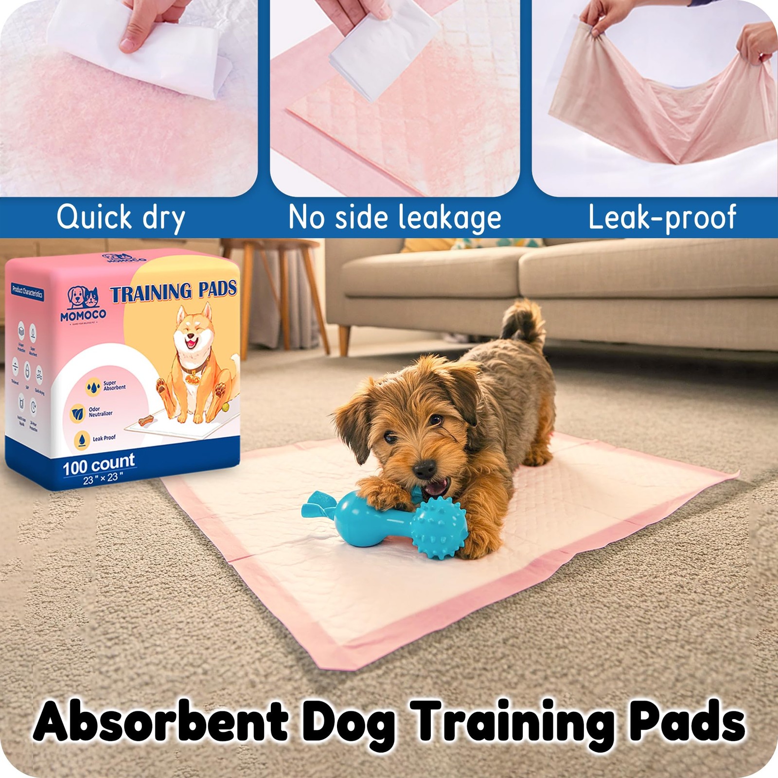 MoMoCo 23×23-100 Count Pink Puppy Pads, Super Absorbent, Leak-Proof, Quick-Dr…
