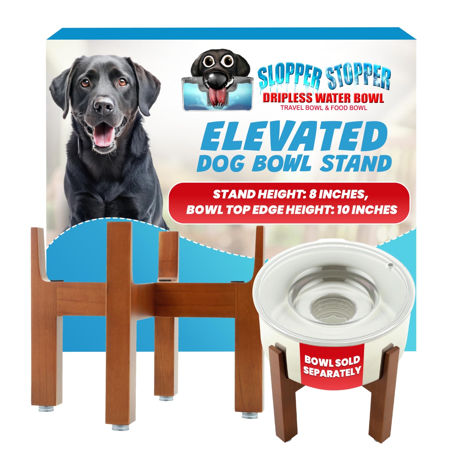 Slopper Stopper Elevated Single Wooden Dog Bowl Stand – Easy 8 Inch, Brown