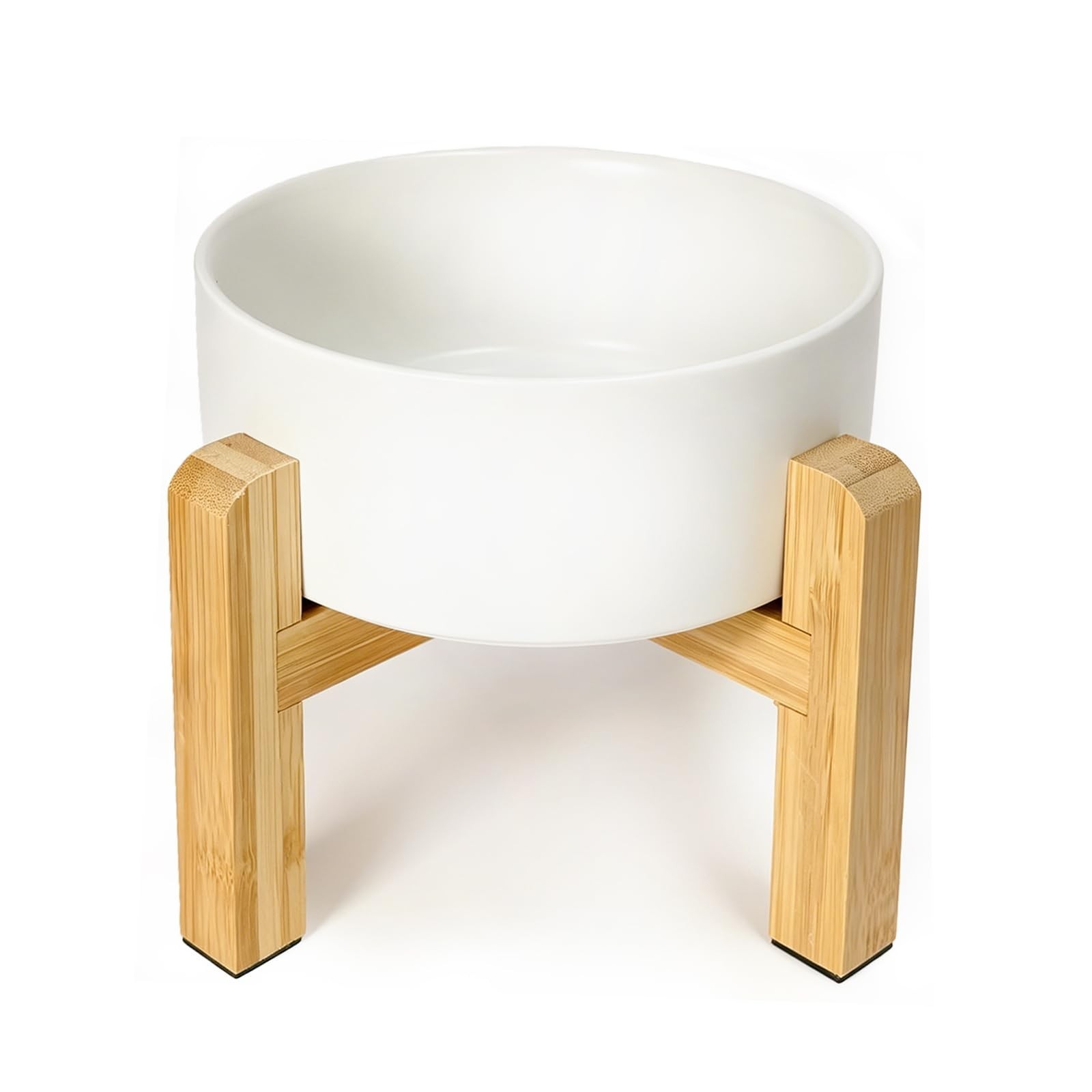 Ceramic Raised Dog Bowl with Bamboo Stand, for Small & Medium Dog, White