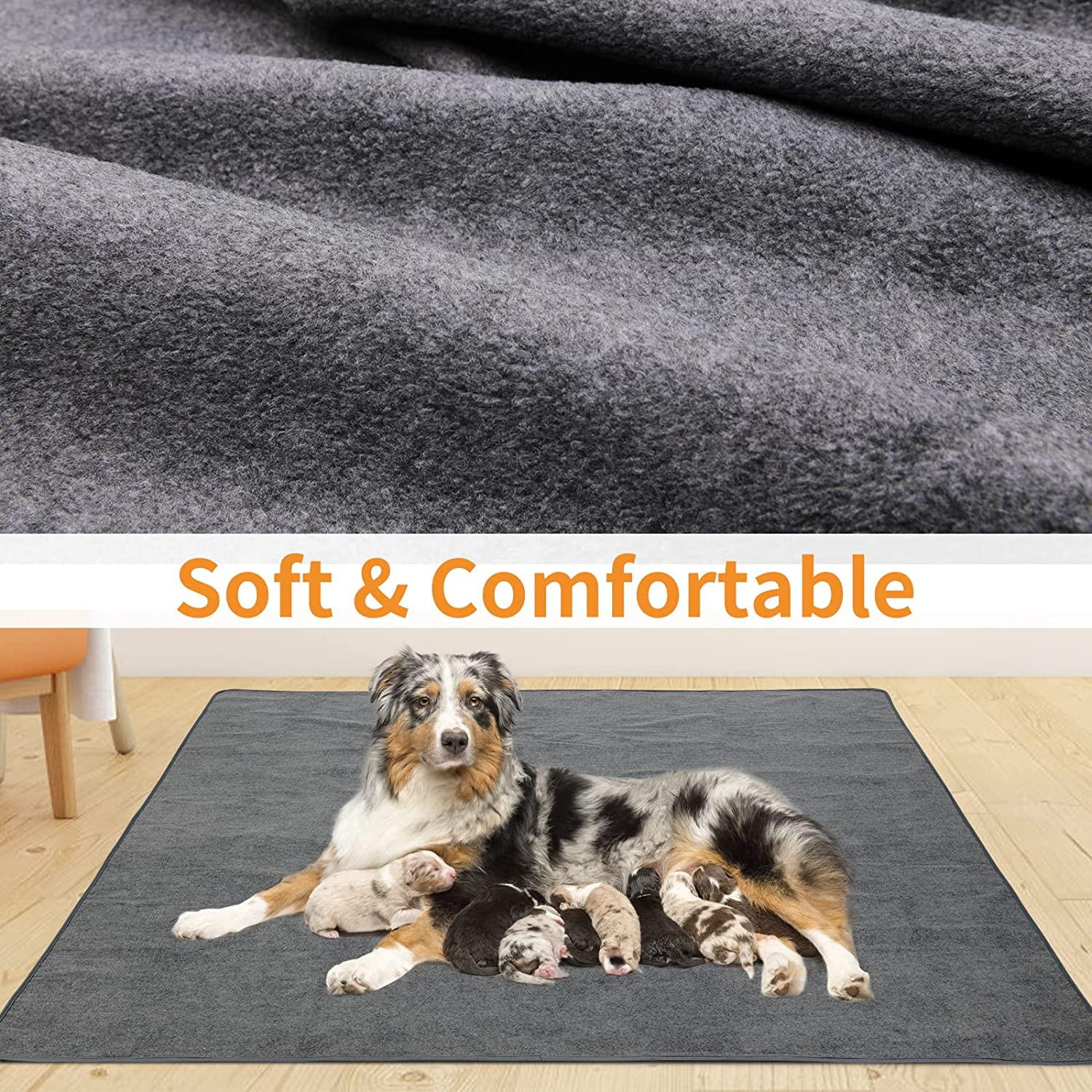 2-PK Extra Large Reusable Dog Mats – Non-Slip Washable Floor Pads 72″x72″ (GRAY)