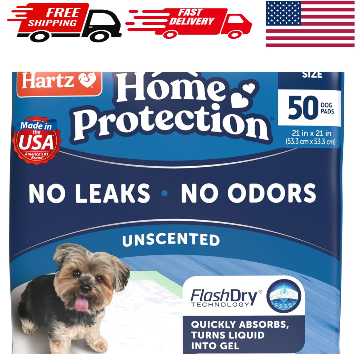 Odor Eliminating Unscented Dog Pads – 50 Count, Made in the USA & Leak Resistant