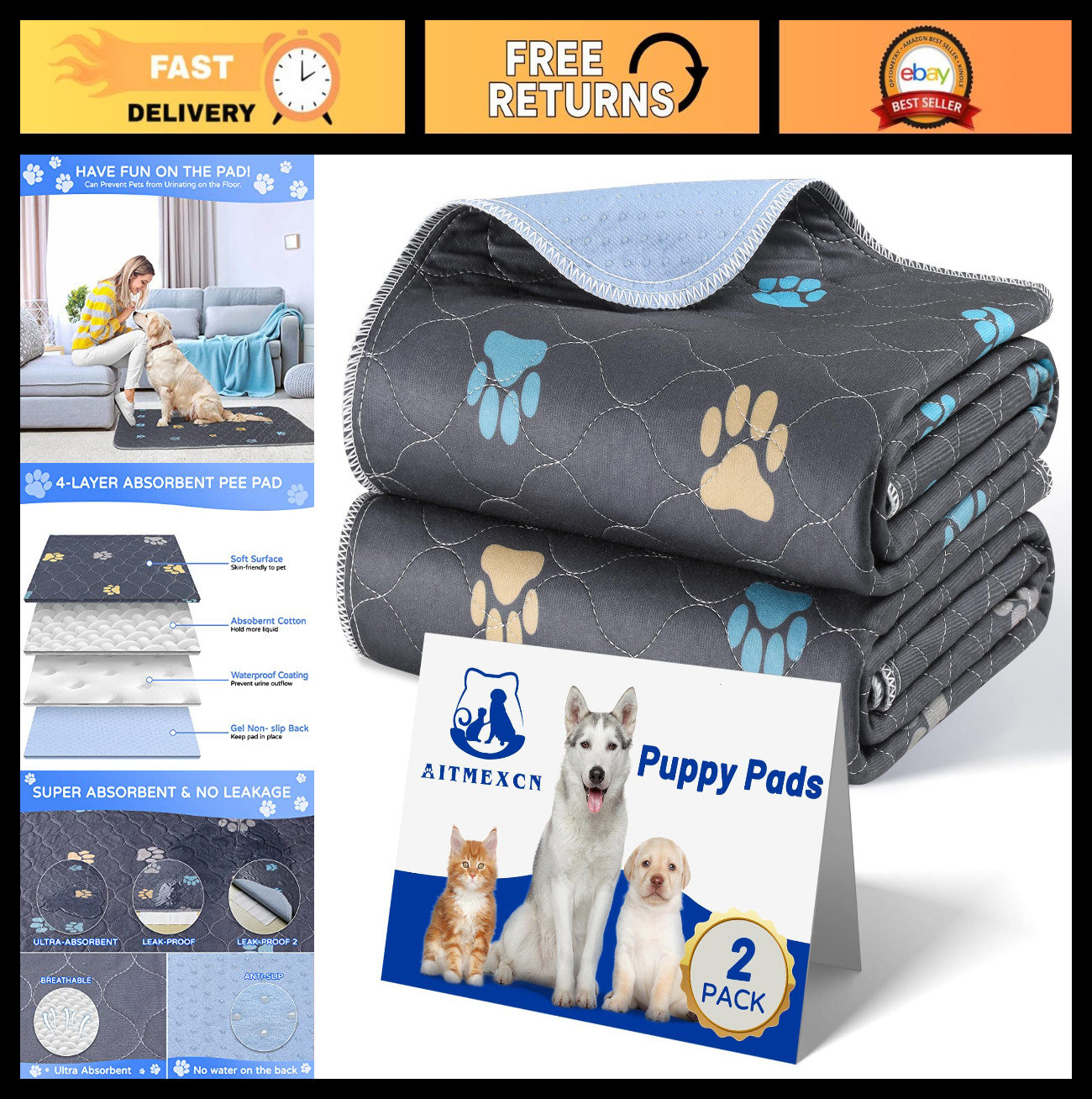 Washable Waterproof Puppy Pads 2PCS – Fast Drying Reusable Training Mat 24″x36