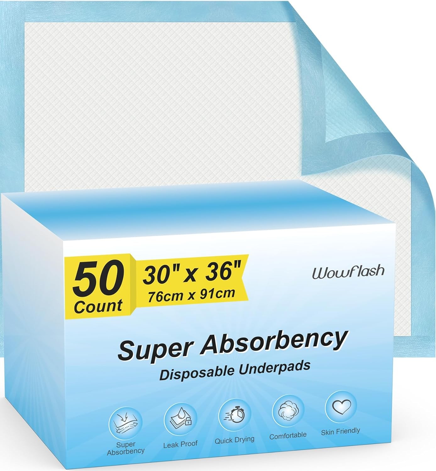 50ct 30″x36″ XXL Disposable Underpads, Super Absorbent Leakproof Bed Pads