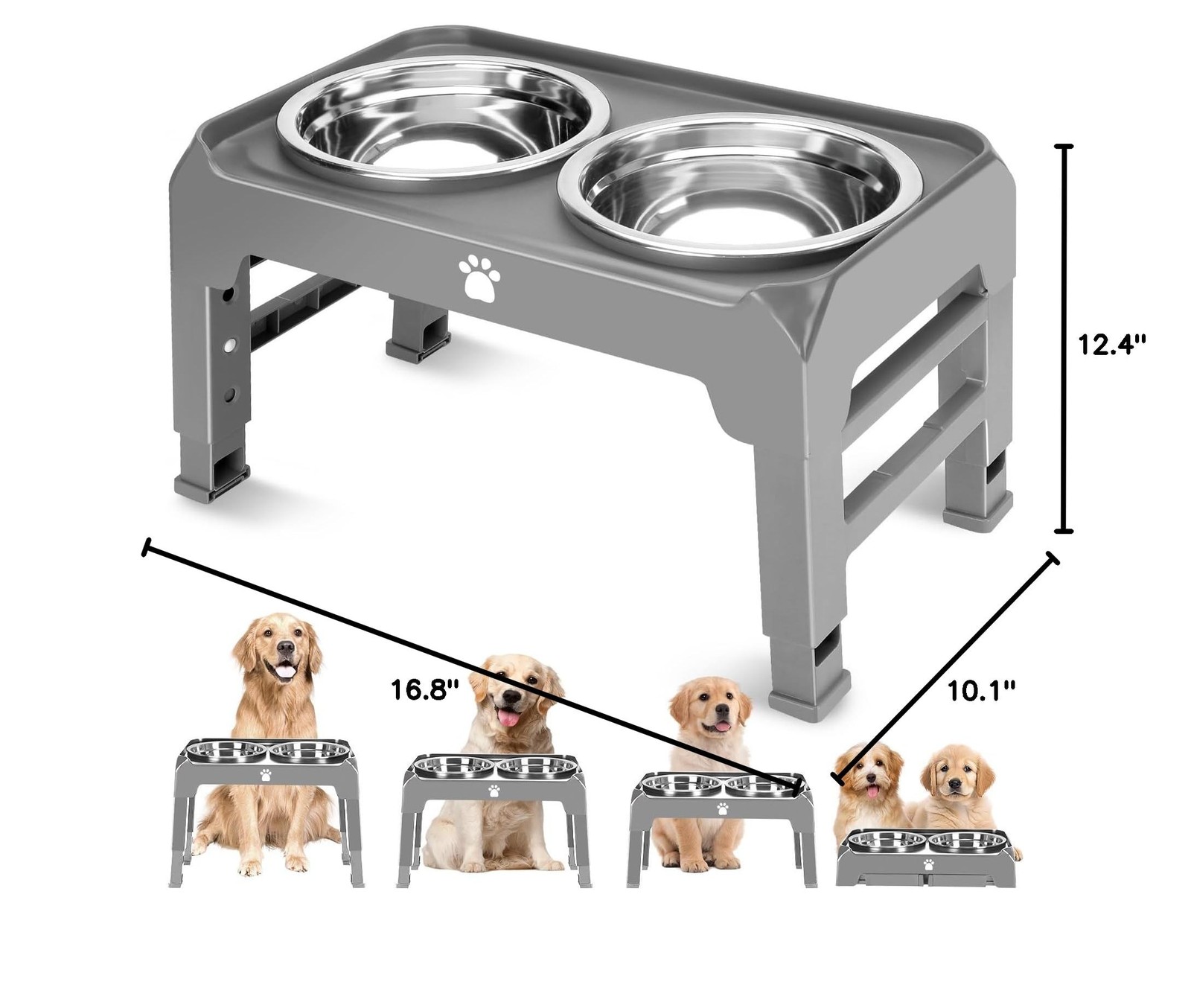 Elevated Raised Dog Bowl Stand with 2 Stainless Steel Bowls, Adjustable Heigh…