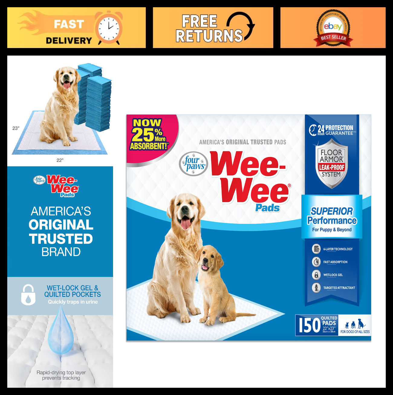 Leak-Proof Unscented Dog Pee Pads for Housebreaking & Potty Training, 50 Count
