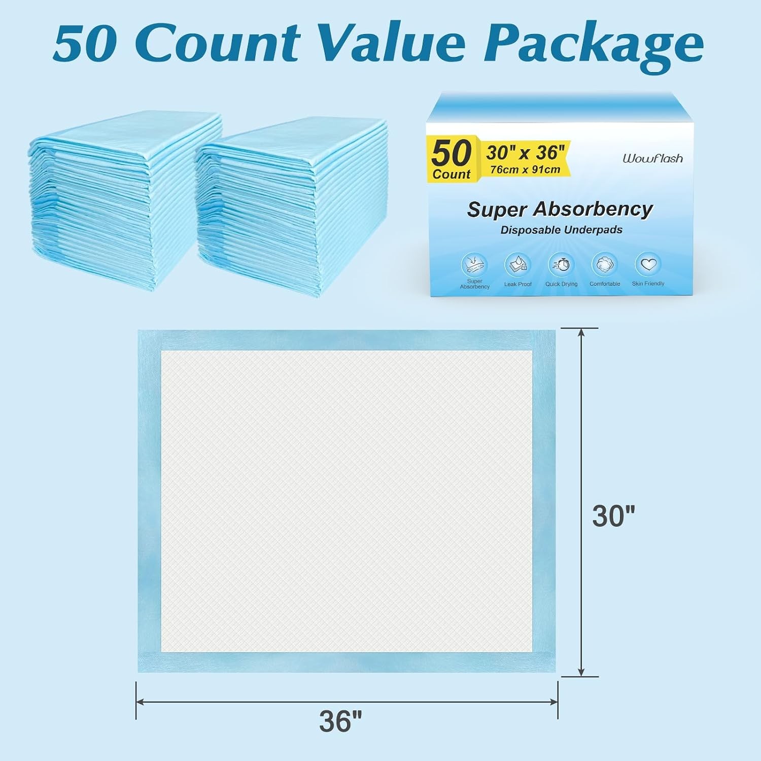 50ct 30″x36″ XXL Disposable Underpads, Super Absorbent Leakproof Bed Pads