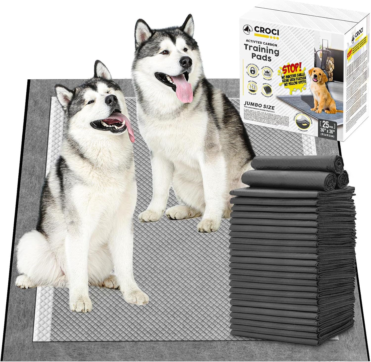 36″x36″ 3XL Charcoal Dog Pads, 25 Count, Odor Control & Quick Dry