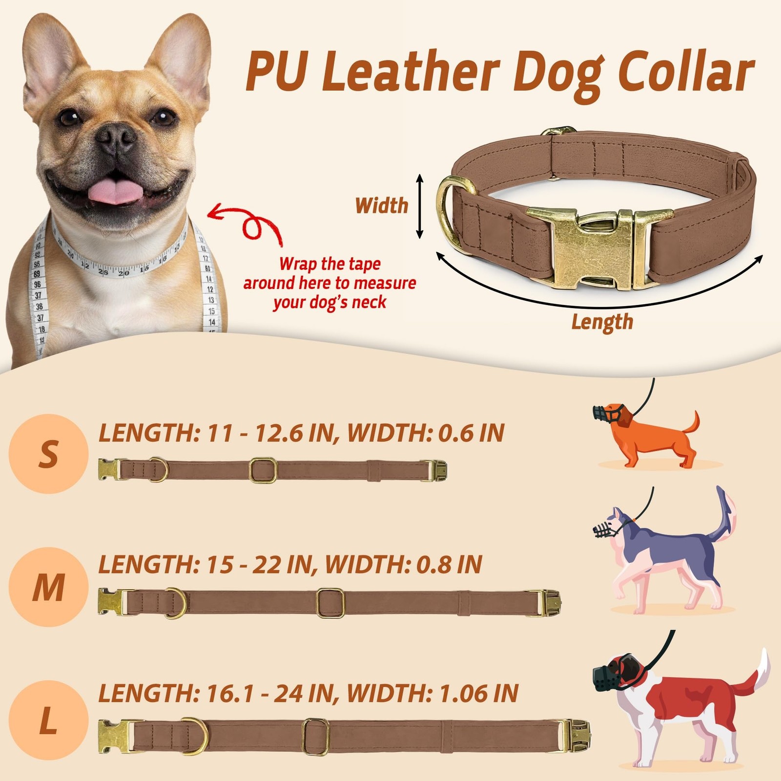 Leather Dog Collar – Durable Faux PU Leather Dog Collar for Small Medium L