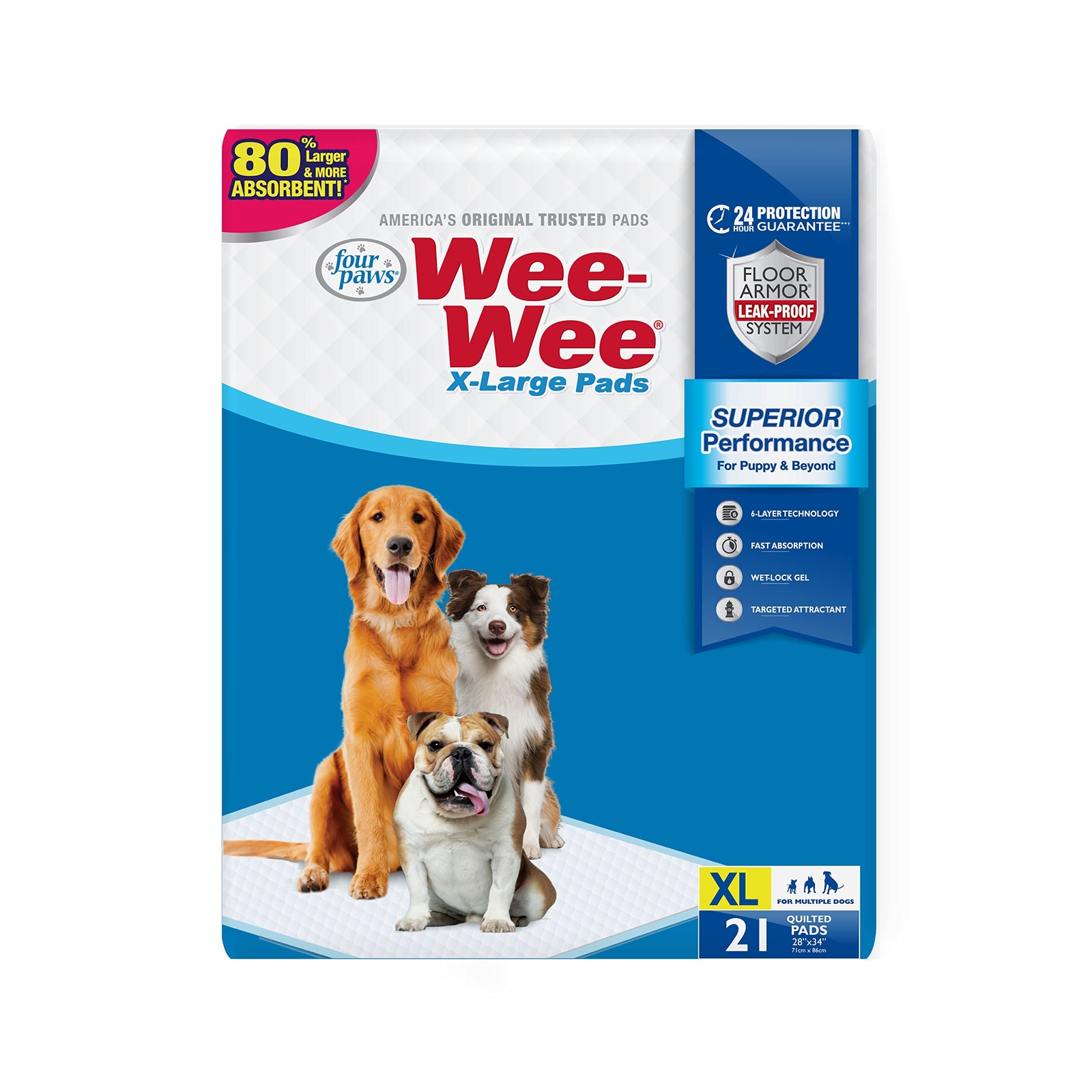Wee Wee X Large Dog Pee Pads 28×34 6 Layer Leak Proof 24 Hour Protection