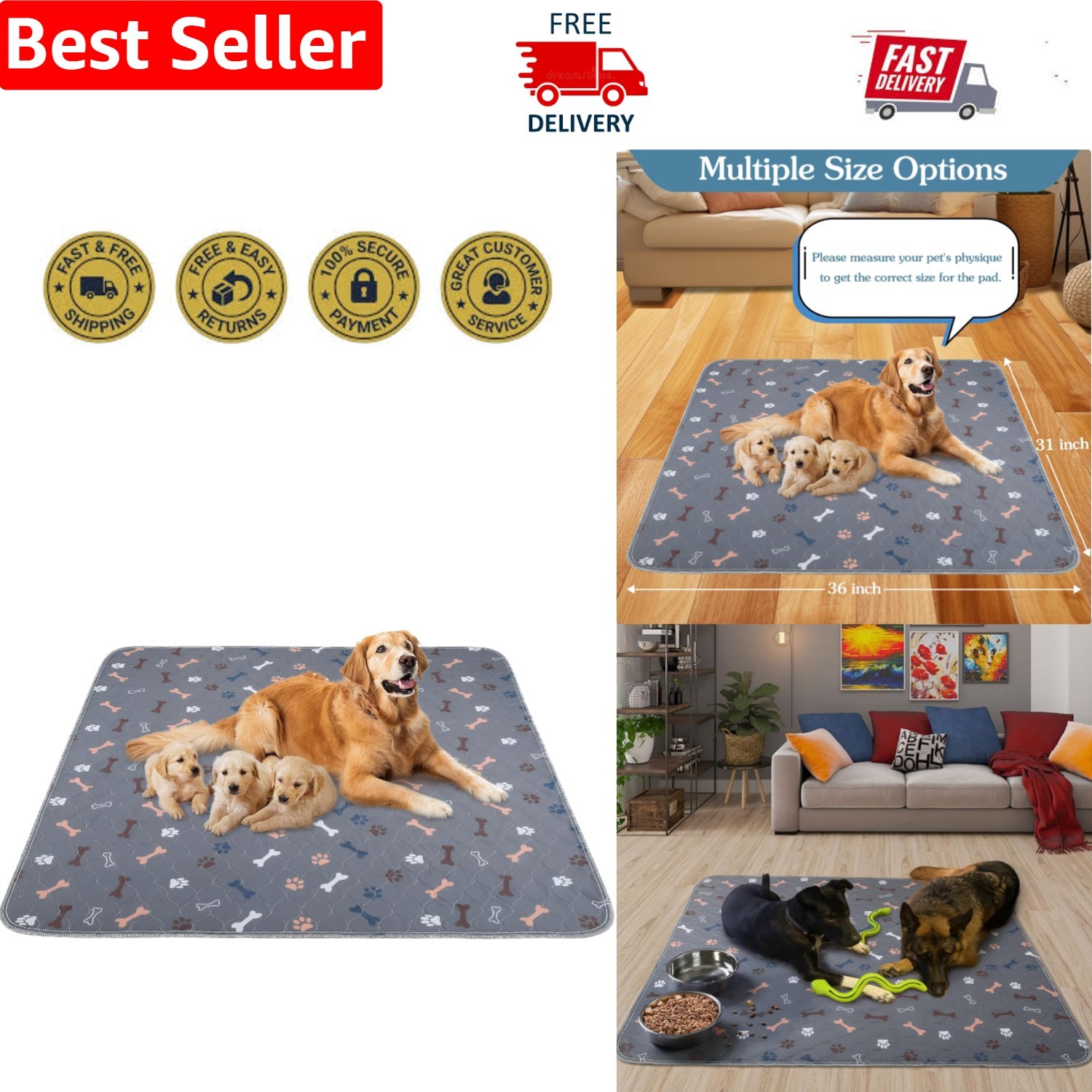 Super Absorbent Washable Dog Pee Pads, 2 Pack 18″x24″, Perfect for Home & Travel