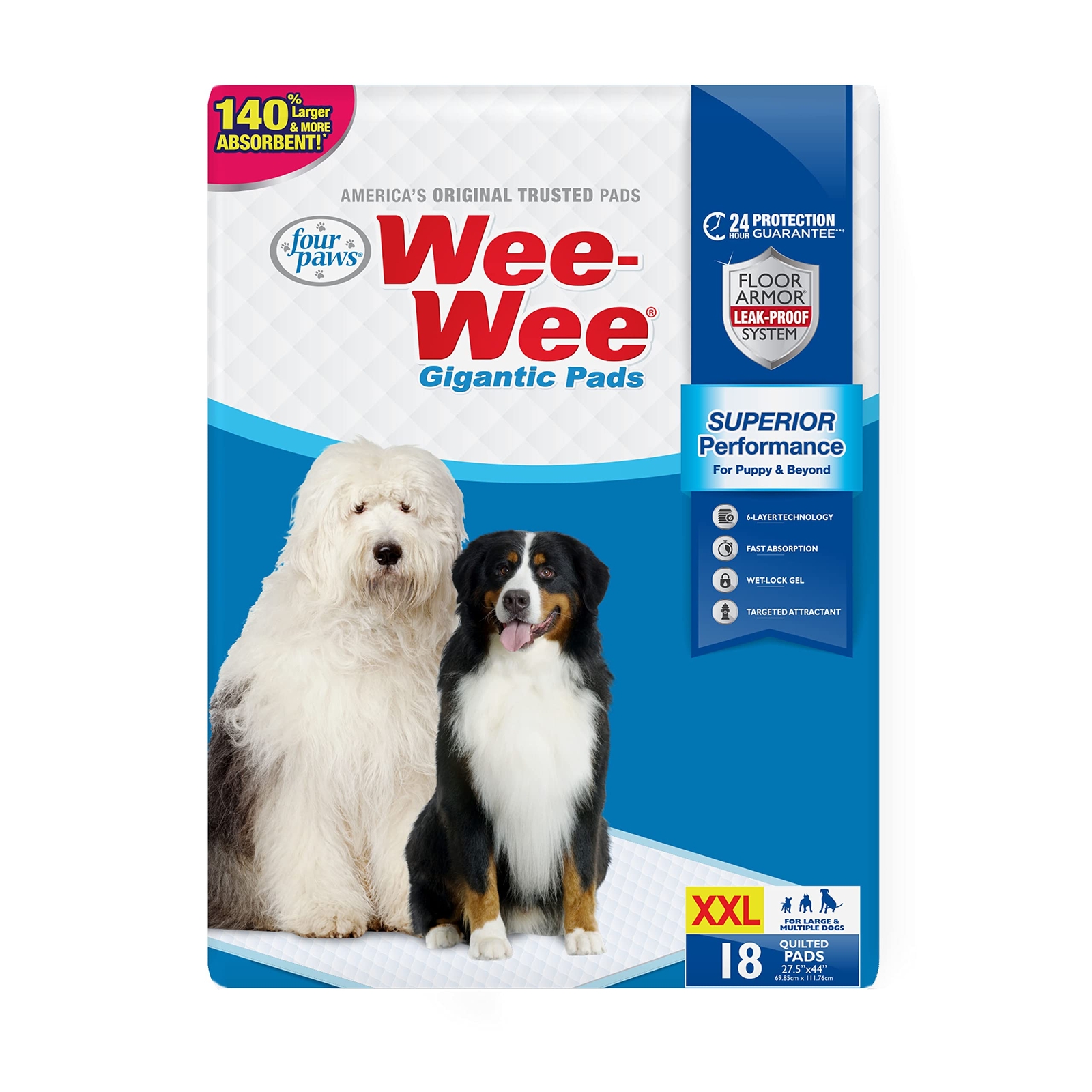Wee Wee Gigantic Dog Pee Pads 27.5 x 44 18 Count Leak Proof 24 Hour Protection