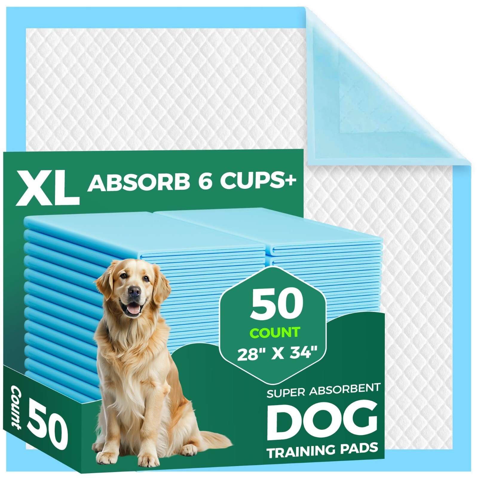 50 Count Extra Large Dog Pee Pads 28″ x 34″ – Super Absorbent Leak-Proof Puppy T