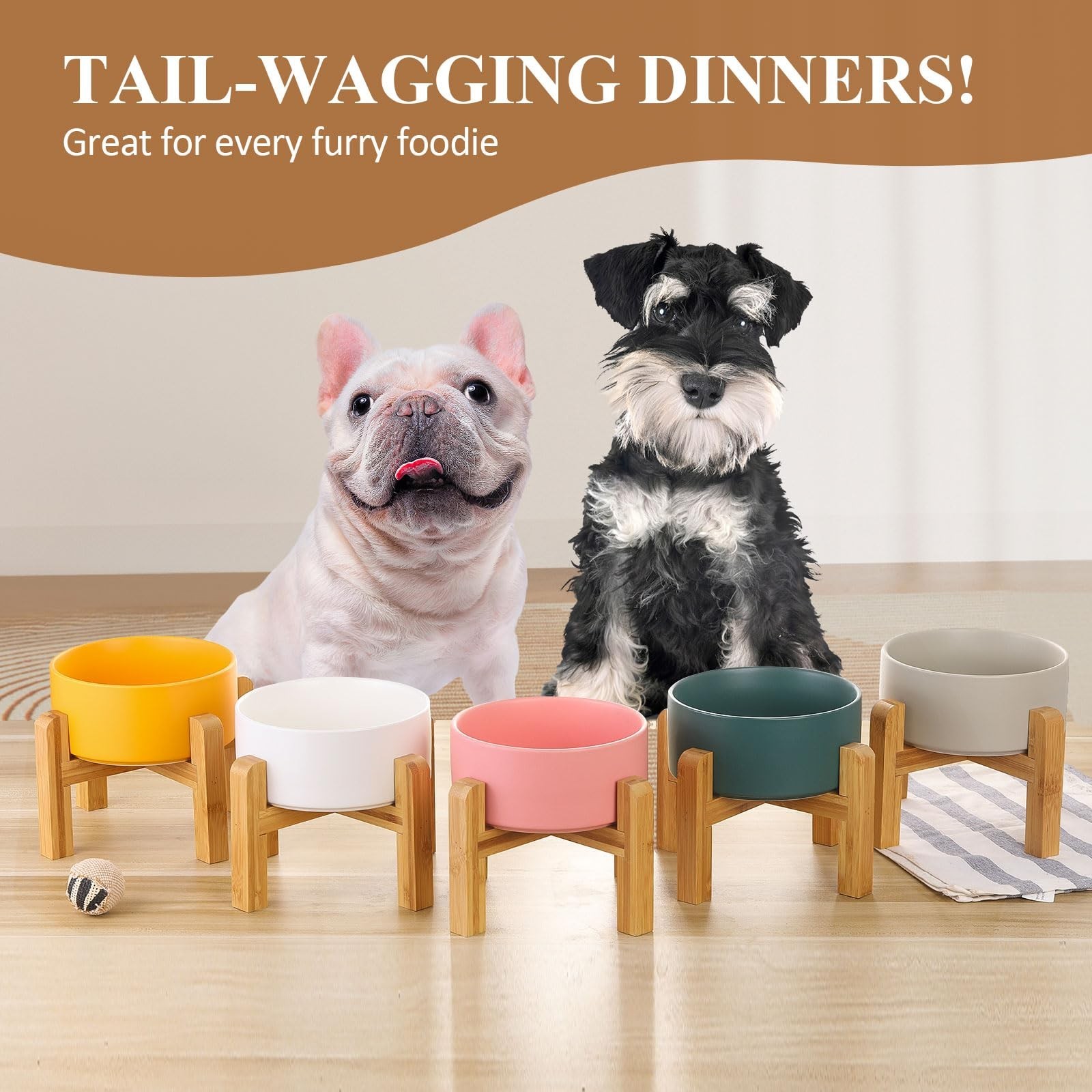 Ceramic Raised Dog Bowl with Bamboo Stand, for Small & Medium Dog, White