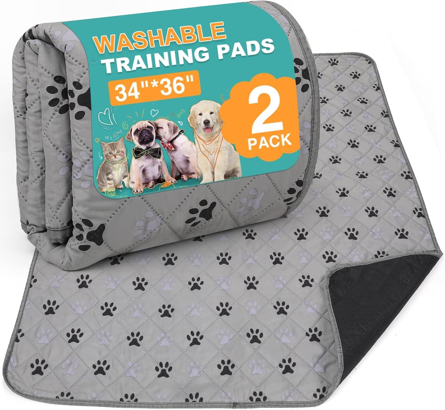 FUWERY Washable Pee Pads for Dogs 34″X36″,Grey, 2 Packs | Thick Heavy Absorbency
