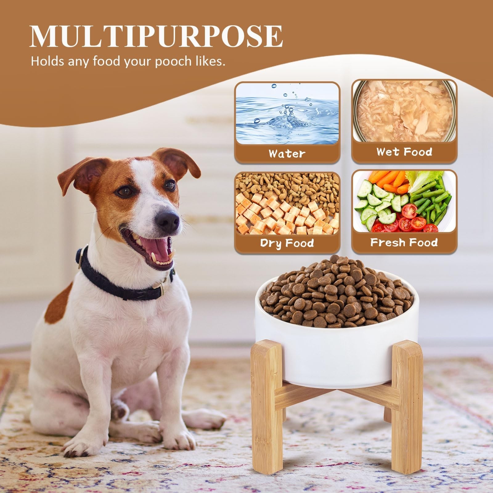 Ceramic Raised Dog Bowl with Bamboo Stand, for Small & Medium Dog, White