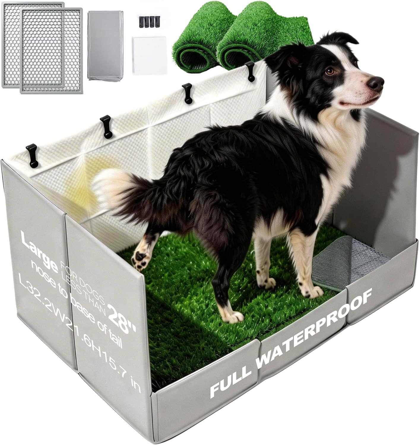 Dog Grass Pad with Foldable Dog Litter Box High Walls & Grate, 2PCS Odor Free Ar
