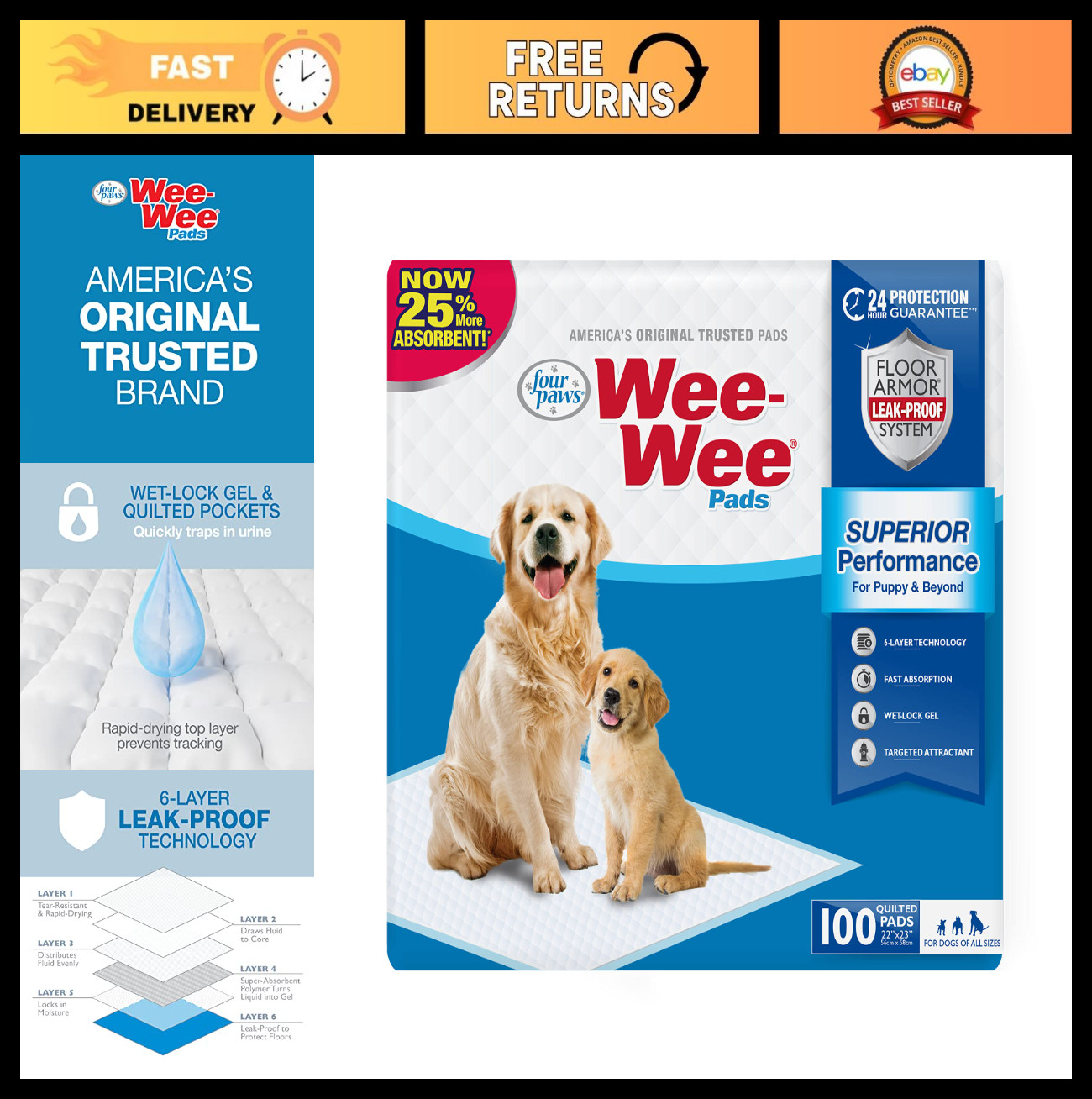 100 Count Leak-Proof Dog Pee Pads – Unscented Quilted Potty Training Pads 22×23