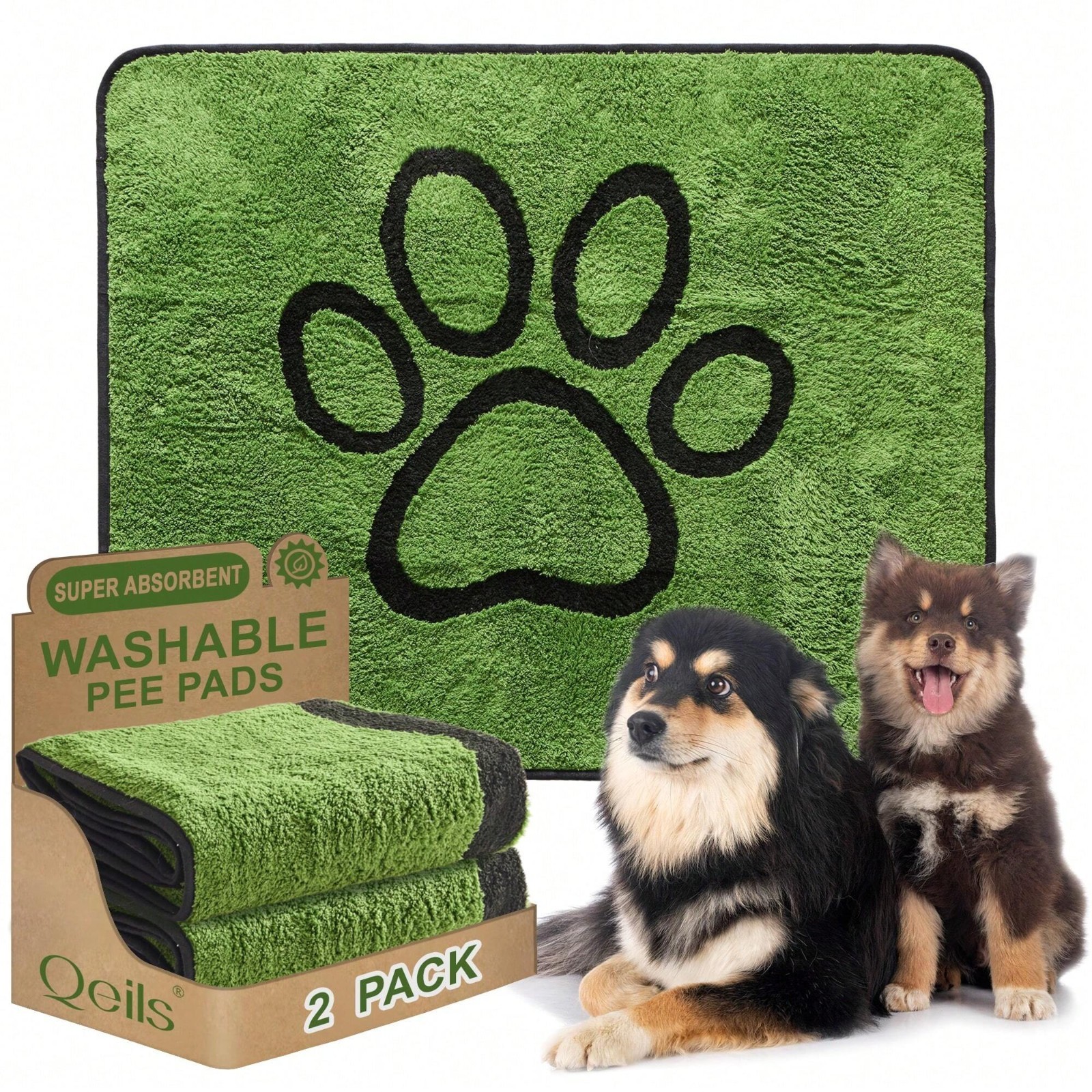 Washable Pee Pads for Dogs, 2 Pack Reusable Puppy Pads, Green Long Wool