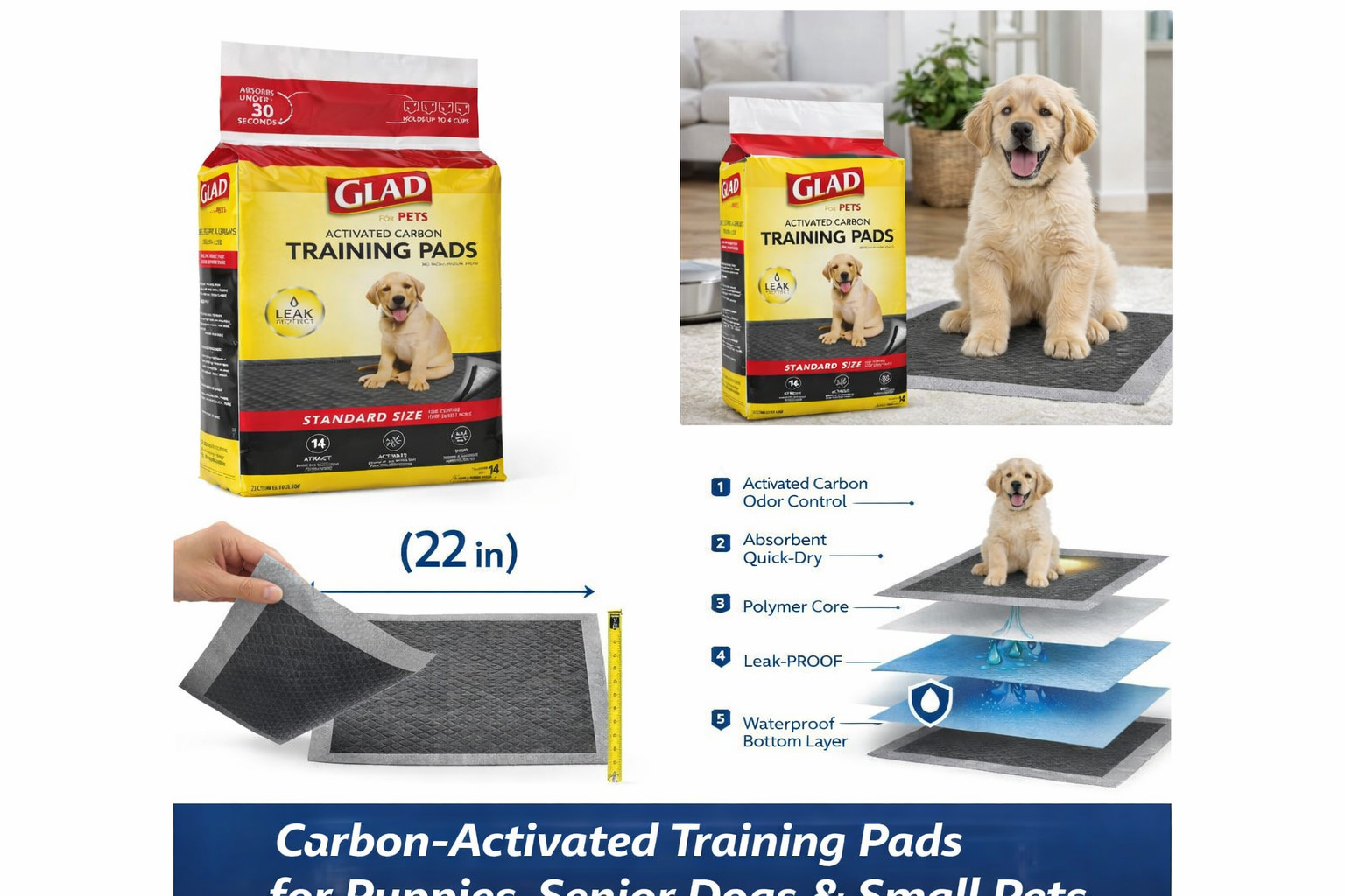 Glad For Pets Carbon Puppy Training Pads Standard Size 14 Count Leak-Proof