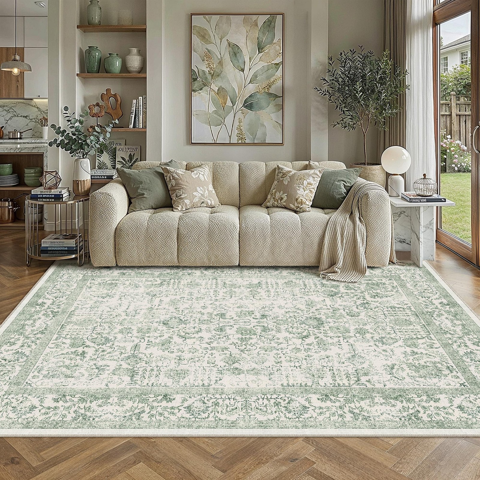 PureCozy Sage Green Area Rug 5×7 Vintage Floral Farmhouse | Washable, Non Sli…