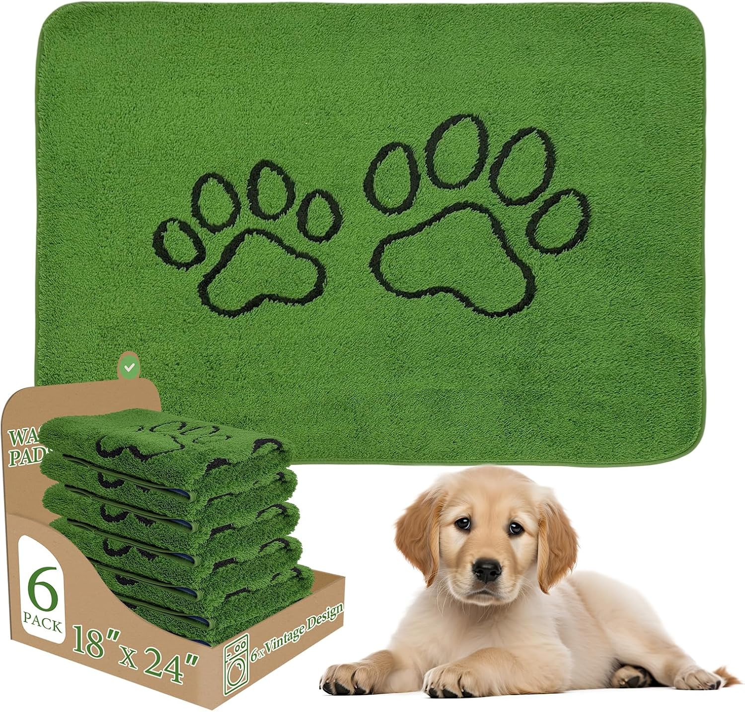 Washable Pee Pads for Dogs, 6 Pack Super Absorbent Reusable Puppy Pads, Green Lo