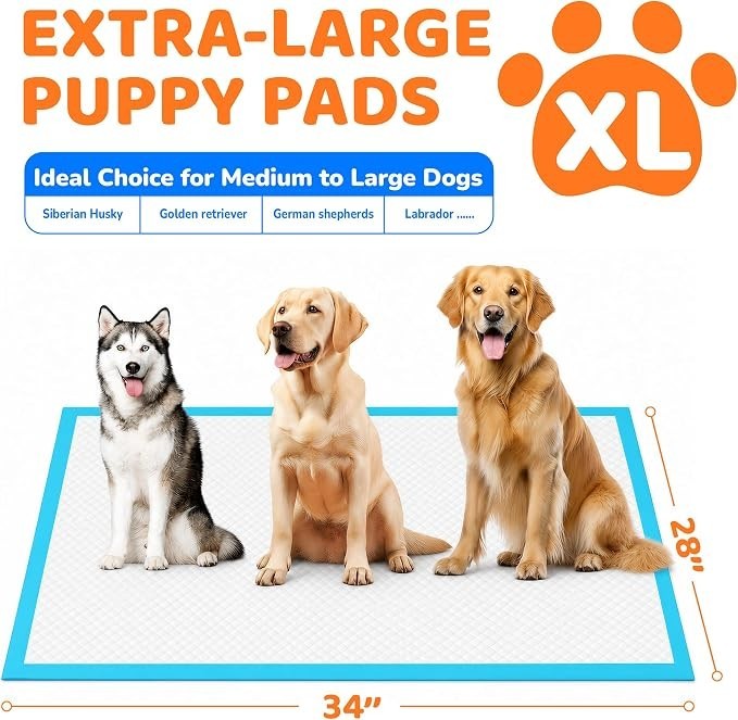 Puppy Pads 28″x34″, Extra Large, Super Absorbent, 30 Count, Potty Pads for Dogs