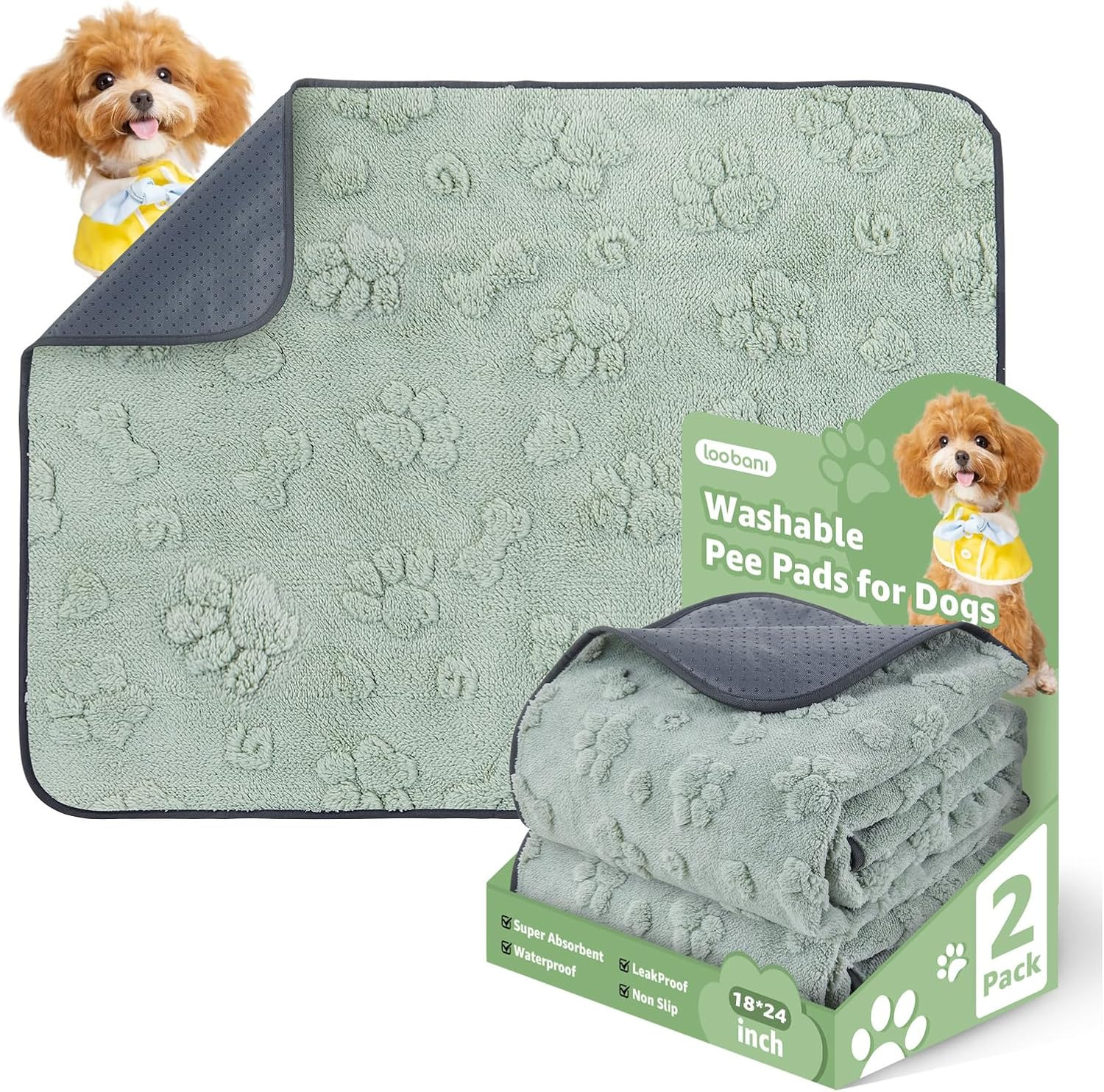 LOOBANI Washable Pee Pads for Dogs: 2 Pack Super Absorbent Reusable Puppy Pads,