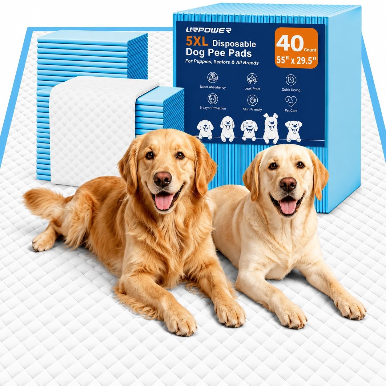 URPOWER Extra Large Dog Pee Pads 55″x29.5″ 40 Count, 5XL Super Absorbent Pupp…