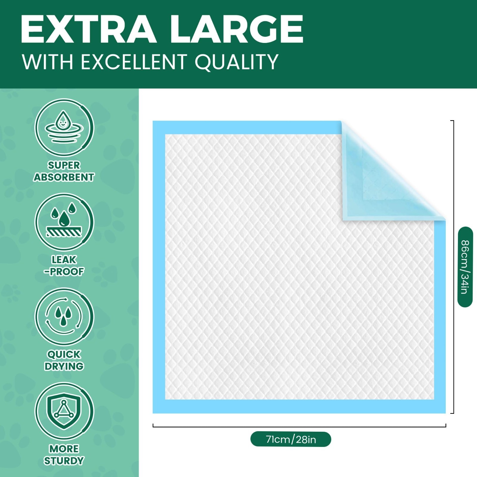 Extra Large Dog Pee Pads 50 Count – 28″ x 34″, Super Absorbent Leak-Proof Puppy
