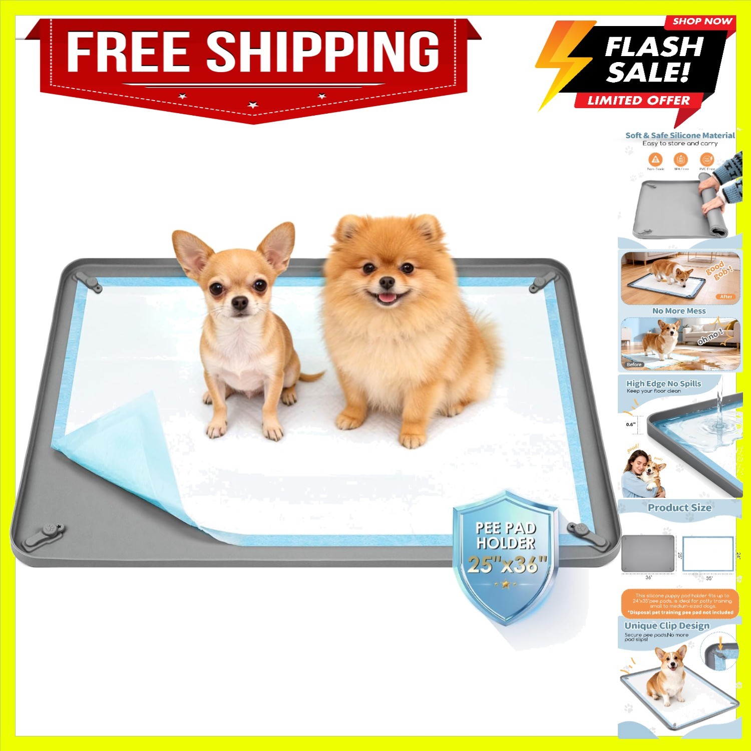 Silicone Puppy Pad Holder Tray with Clips Fits for 24″x35″ Pee Pads – Grey