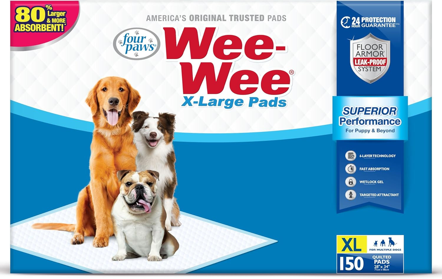 Wee-Wee Superior Performance XL Pee Pads for Extra Large Dogs, Leak-Proof Floor