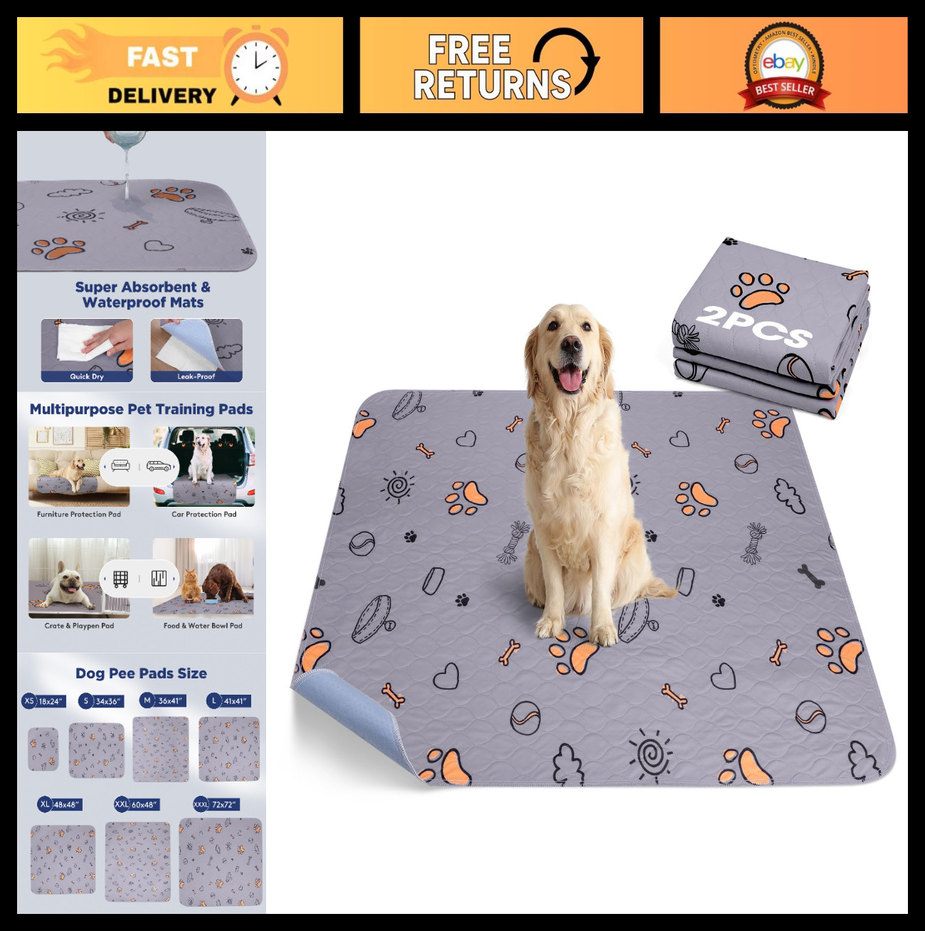 Large Washable Dog Pee Pads 36″x41″ – Super Absorbent, Waterproof, Non-Slip, 2 P