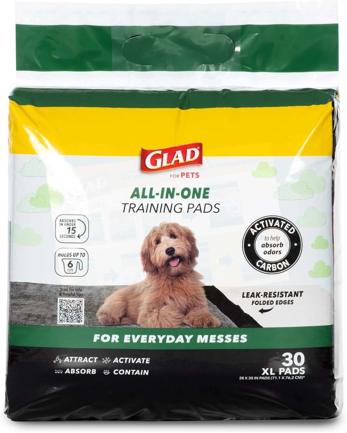 Glad Jumbo Charcoal Dog Training Pads 28×30 in, 30 Count Extra Large, Leak-Proof