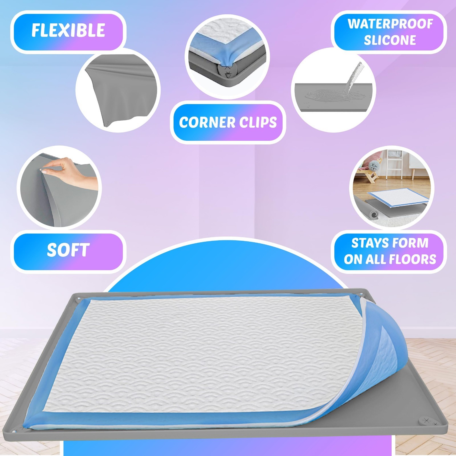 Dog Pee Pad Holder Tray for 30” x 36” Pads – Non-Spill, Easy Clean, Light Grey