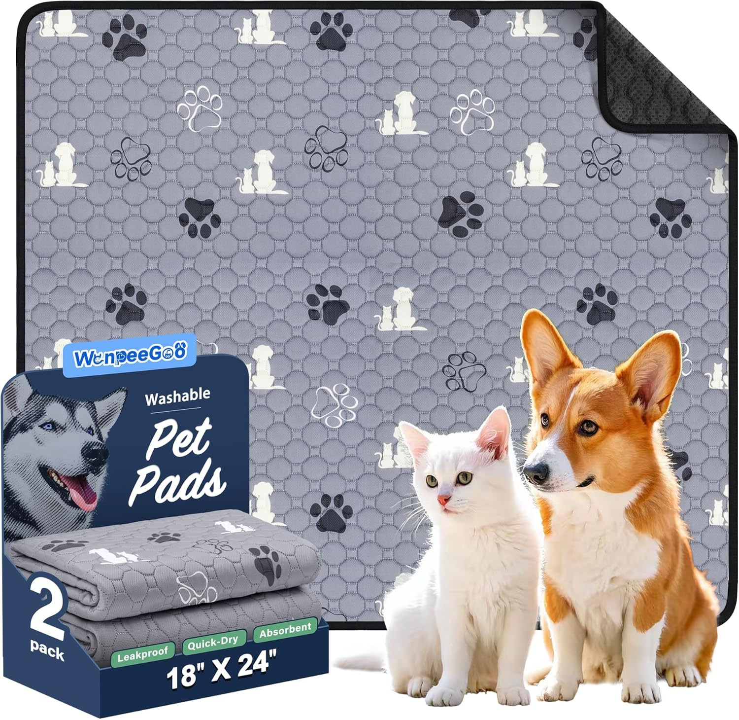 Washable Pee Pads for Dogs, Waterproof, 18 X 24 In, 2 Pack, Gray | Super Absorbe