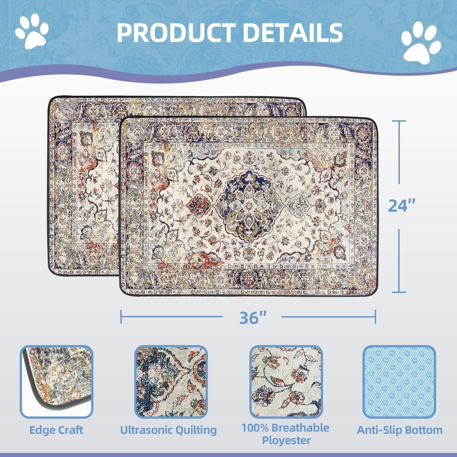 SCLOSE Washable Pee Pads for Dogs 2 36″ X 24″ (2 Pack), Vintage Medallion