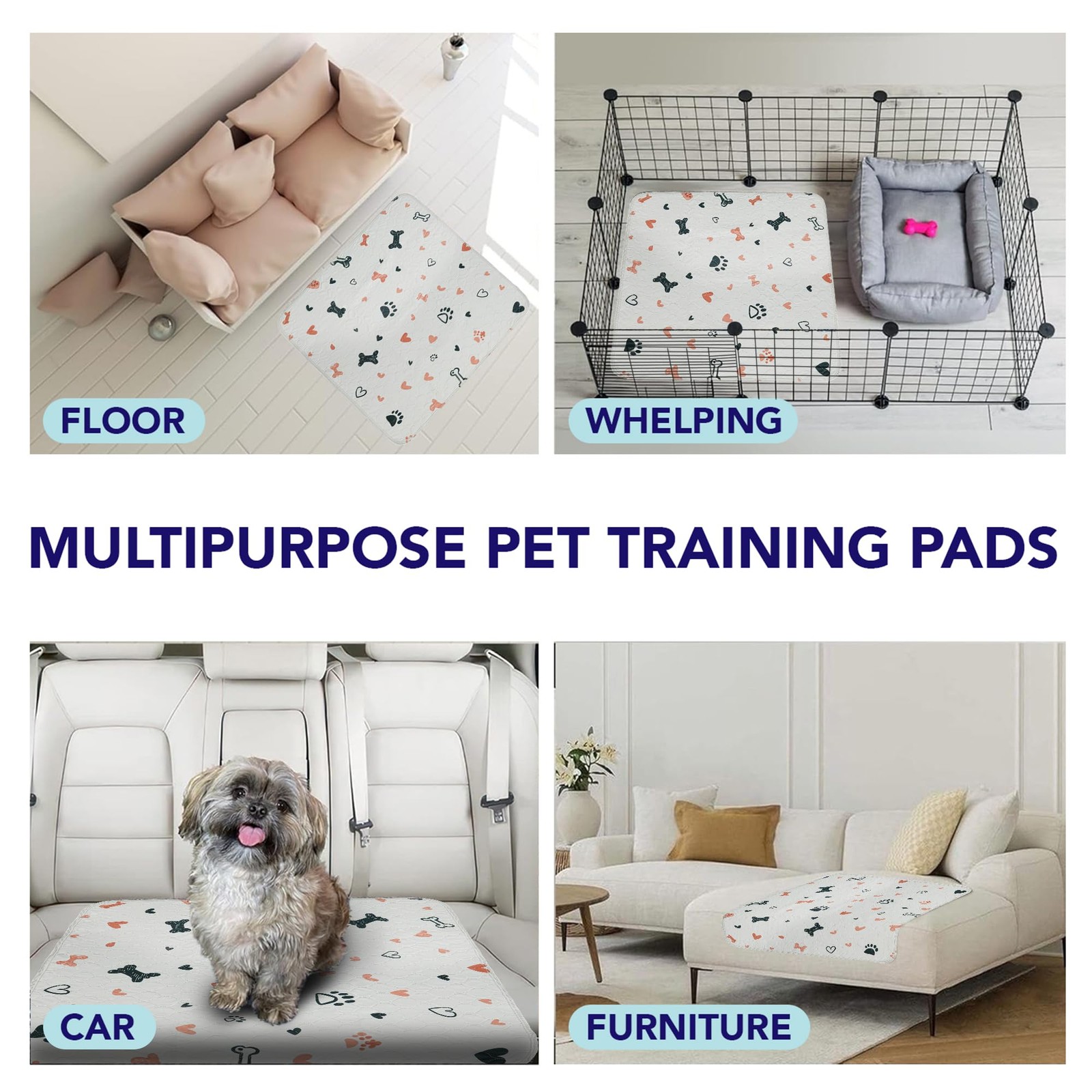 PUPIBOO Washable Pee Pads for 36 x 36 Inch (Pack of 2), Paws Bones & Hearts