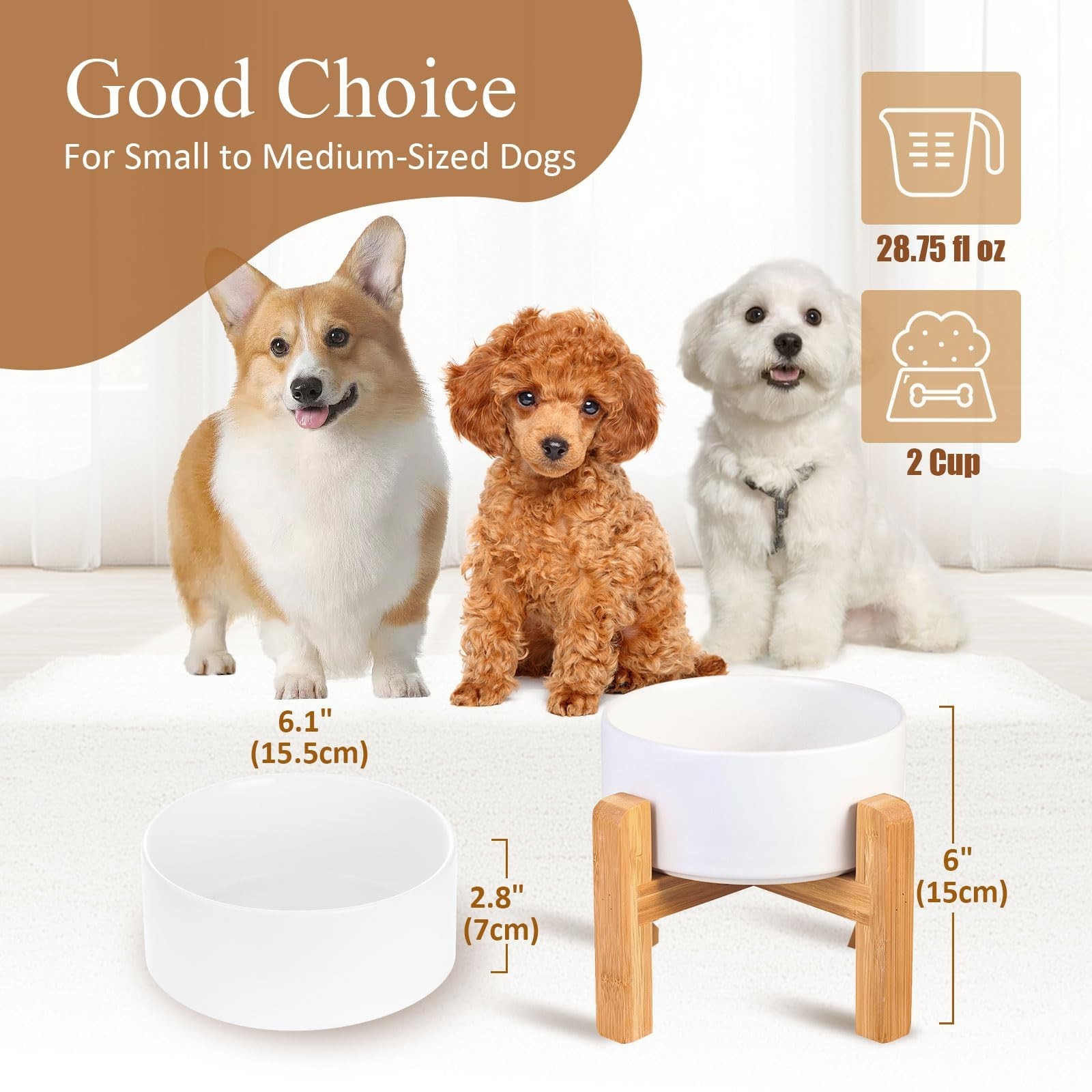Ceramic Raised Dog Bowl with Bamboo Stand, for Small & Medium Dog, White
