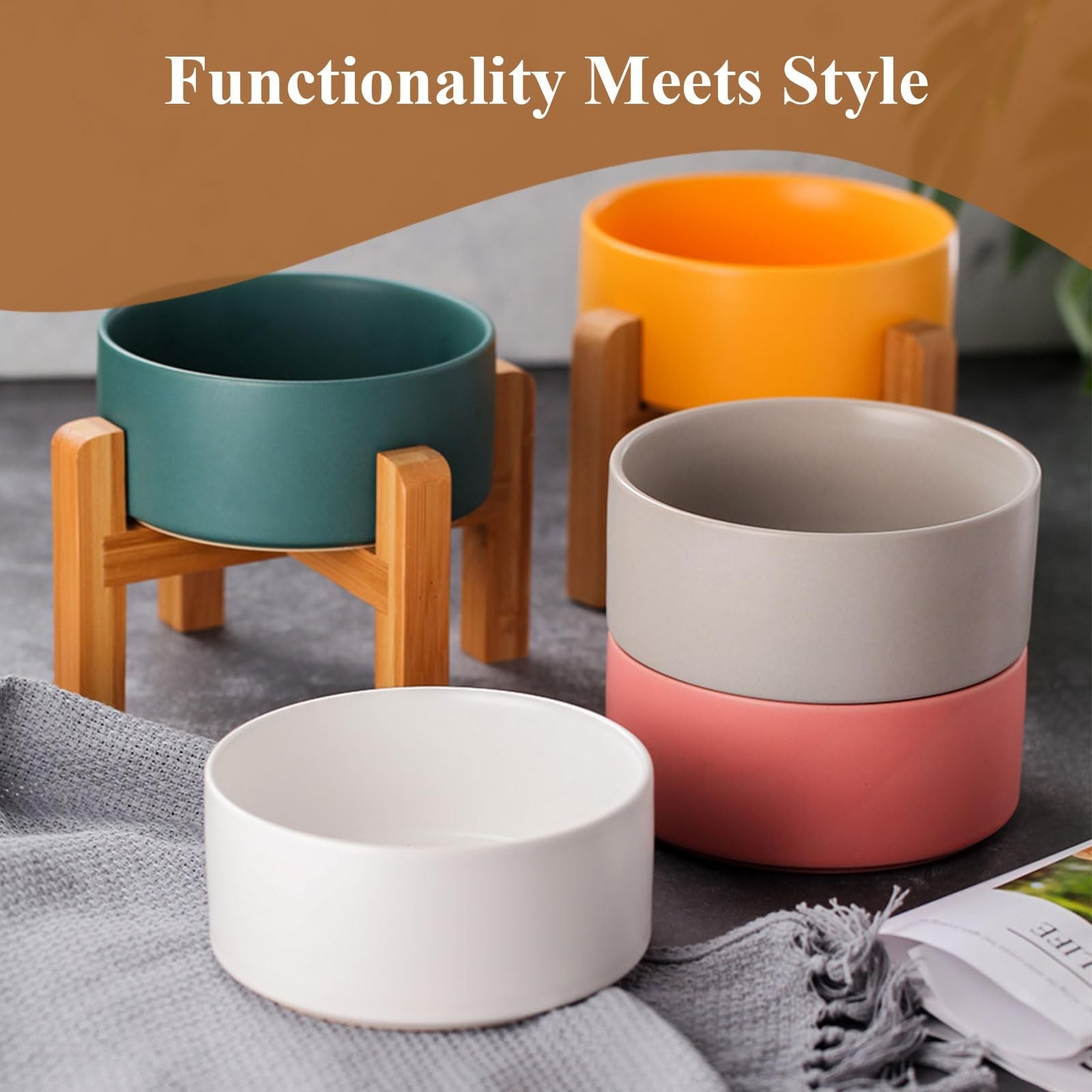 Ceramic Raised Dog Bowl with Bamboo Stand, for Small & Medium Dog, White