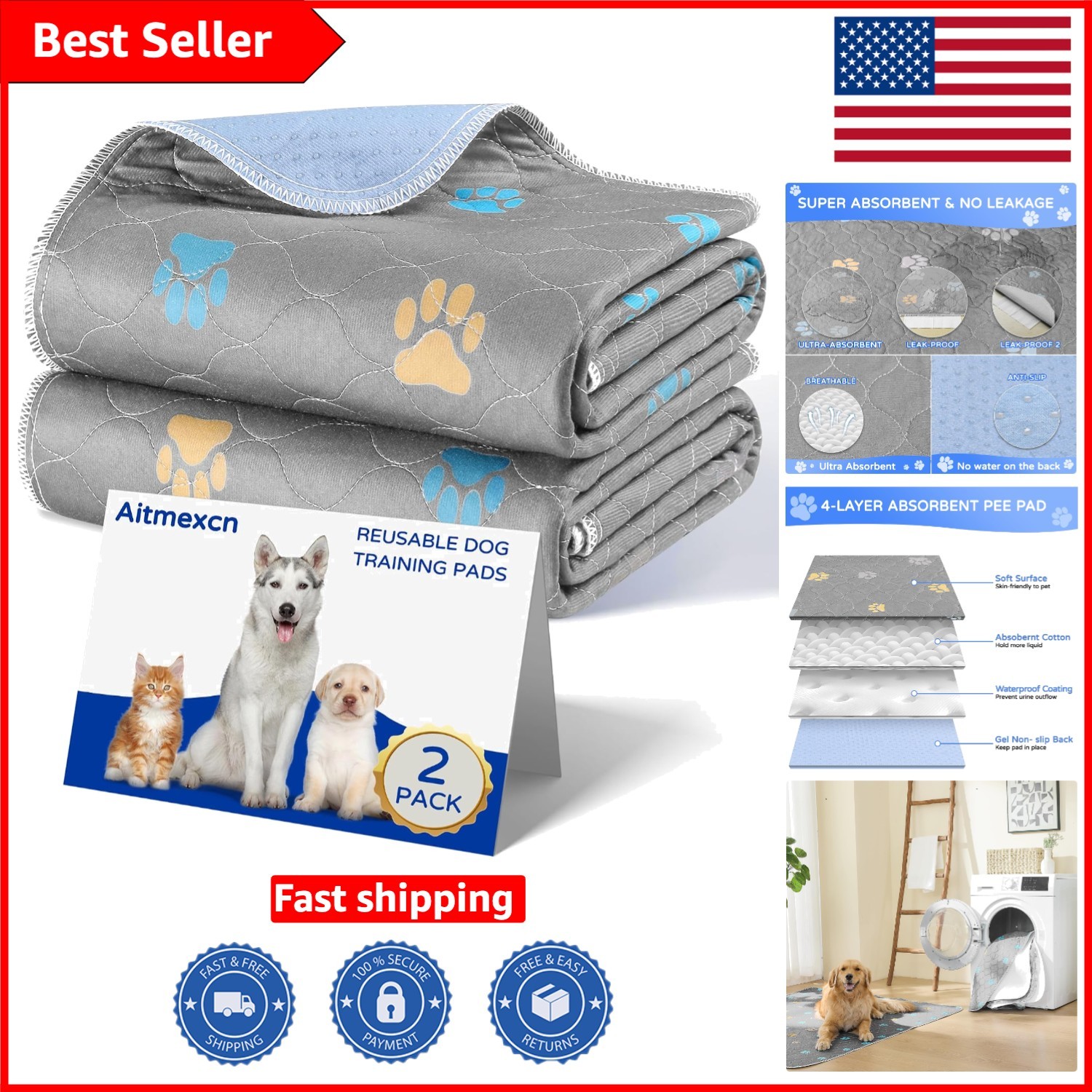 Eco-Friendly Reusable Dog Pee Pads – 2-Pack, 18” x 24” – Perfect for Training