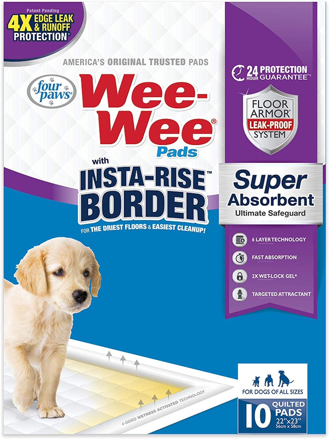 Four Paws Wee-Wee Pads Insta-Rise Border Super Absorbent 22×23 Dog Pads 10 count