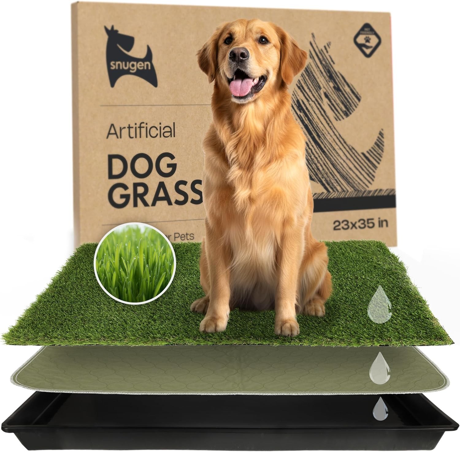 Dog Grass Pad with Tray, 35”X23” Large Artificial Turf Grass Potty, Reusable