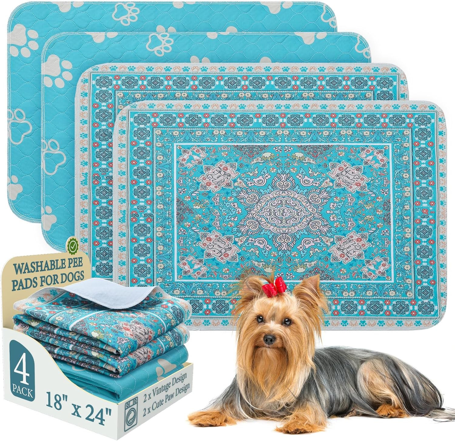 Homimp Washable Pee Pads for Dogs, 4 Pack Reusable Puppy Pads, Absorbent and Lea
