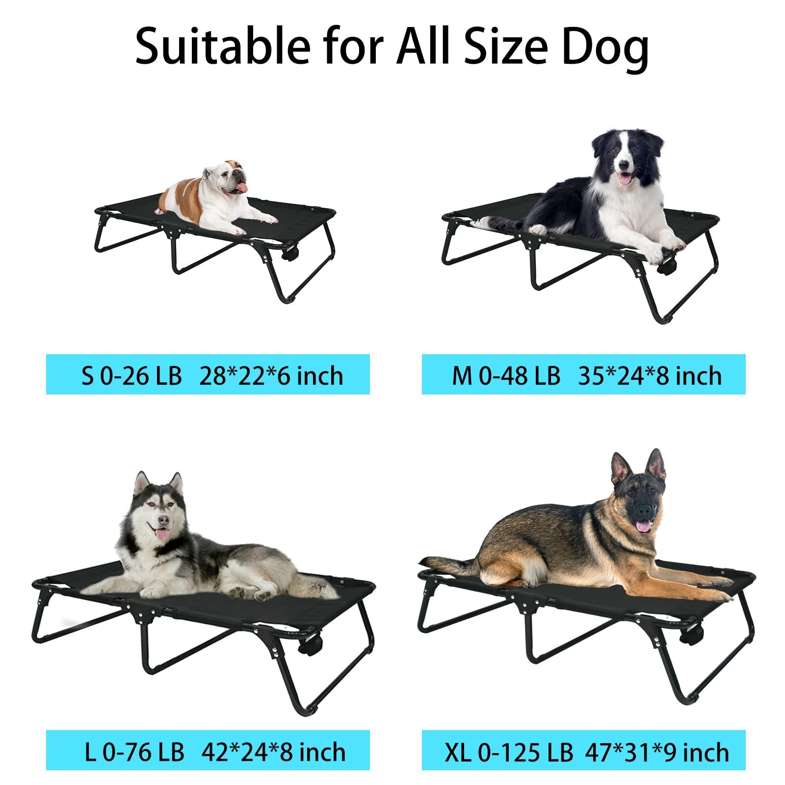 Outdoor Elevated Dog Bed Cooling Raised Dog Cots Black Pet Beds with Breathab…